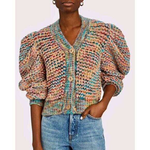 Ulla Johnson Fiora Wool Puff Sleeve Rainbow Cardigan Sweater Sz M / L - Picture 10 of 16
